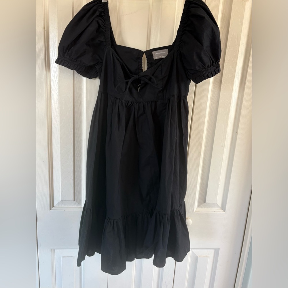 Urban Outfitters Puff Sleeve Tie Front Ruffle  Babydoll Mini Dress Size L Black